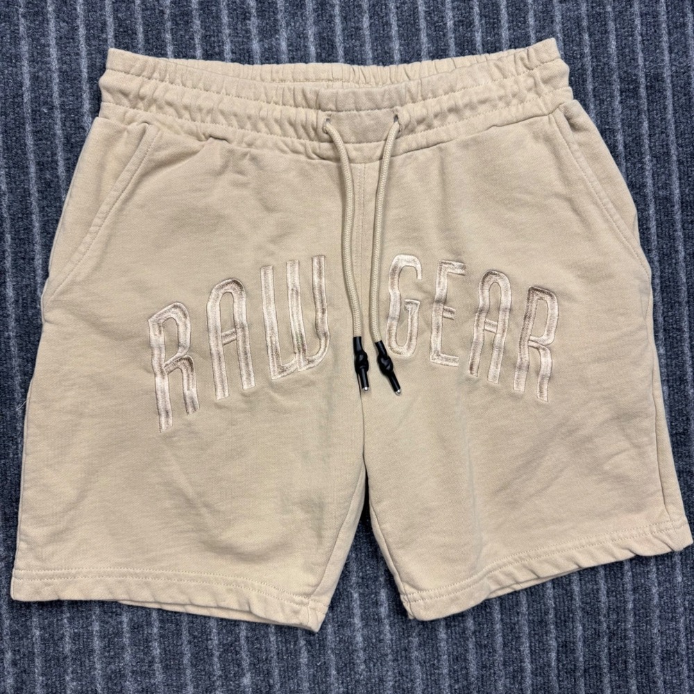 RawGear Mens Athletic Sweat Shorts Large Tan Embroidered Logo Cotton Gym Workout
